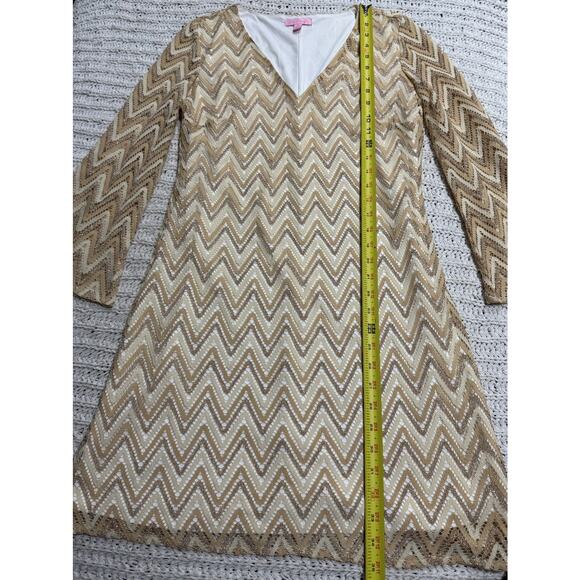 Lilly Pulitzer Jade Chevron Cocktail Dress Geo Lace Womens Size Medium Tan Gold - Picture 3 of 11
